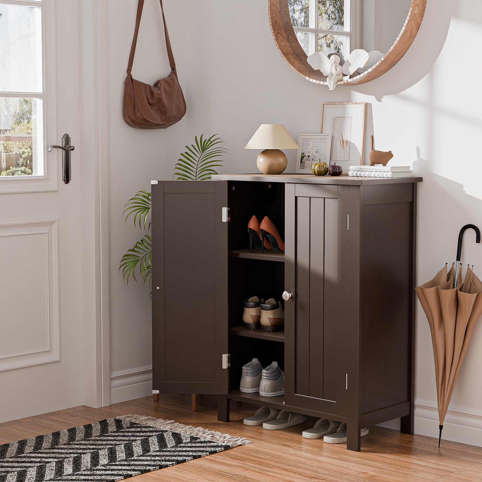 Super Deal Modern Bathroom Floor Storage Cabinet With Adjustable Shelf And Double Door Rust Proof, Living Room Modern Home Furniture Storage Organizer Cabinet, Brown